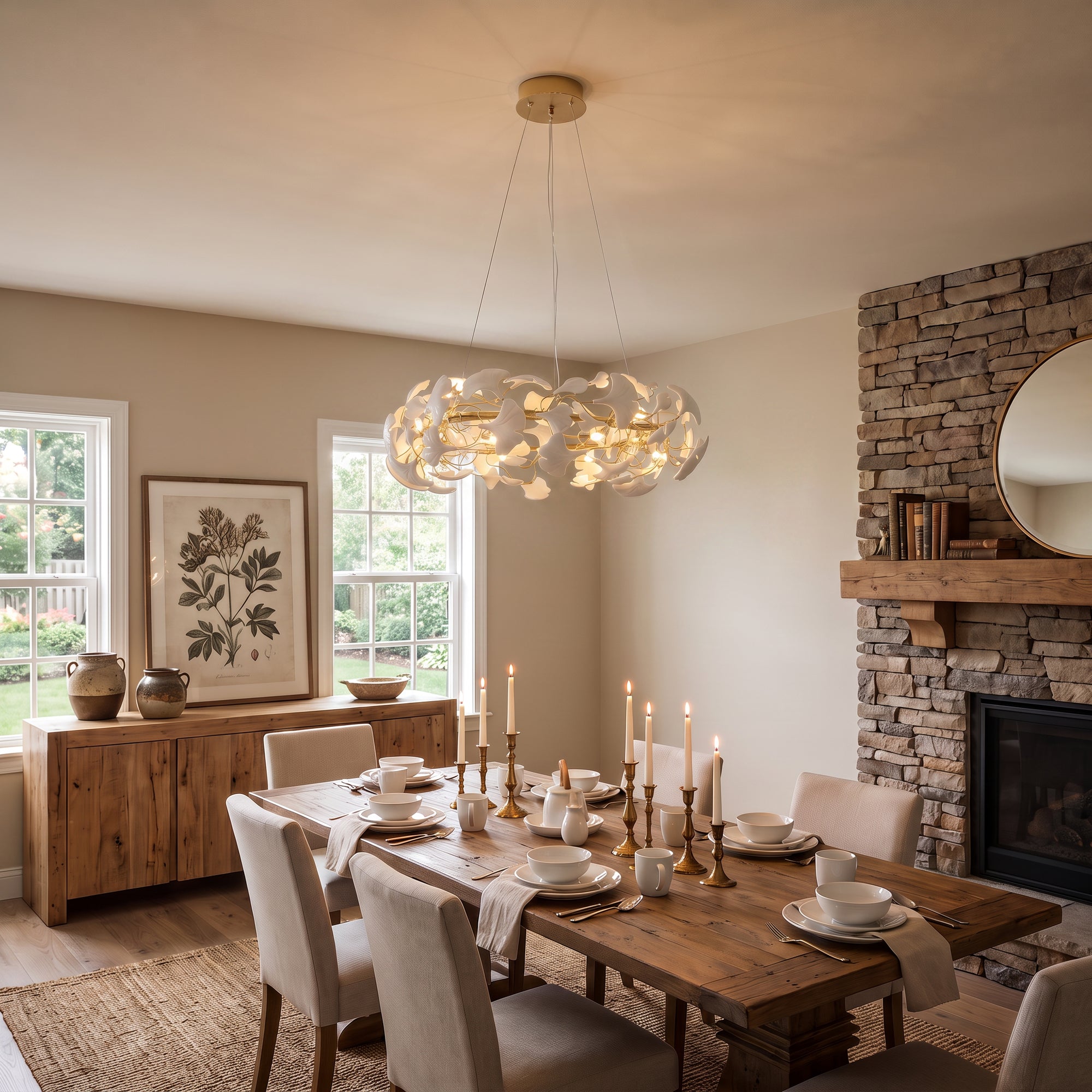 Warm-lit WM2419 round chandelier above a rustic wood dining table, its white ceramic leaves softening the room’s fireplace setting.