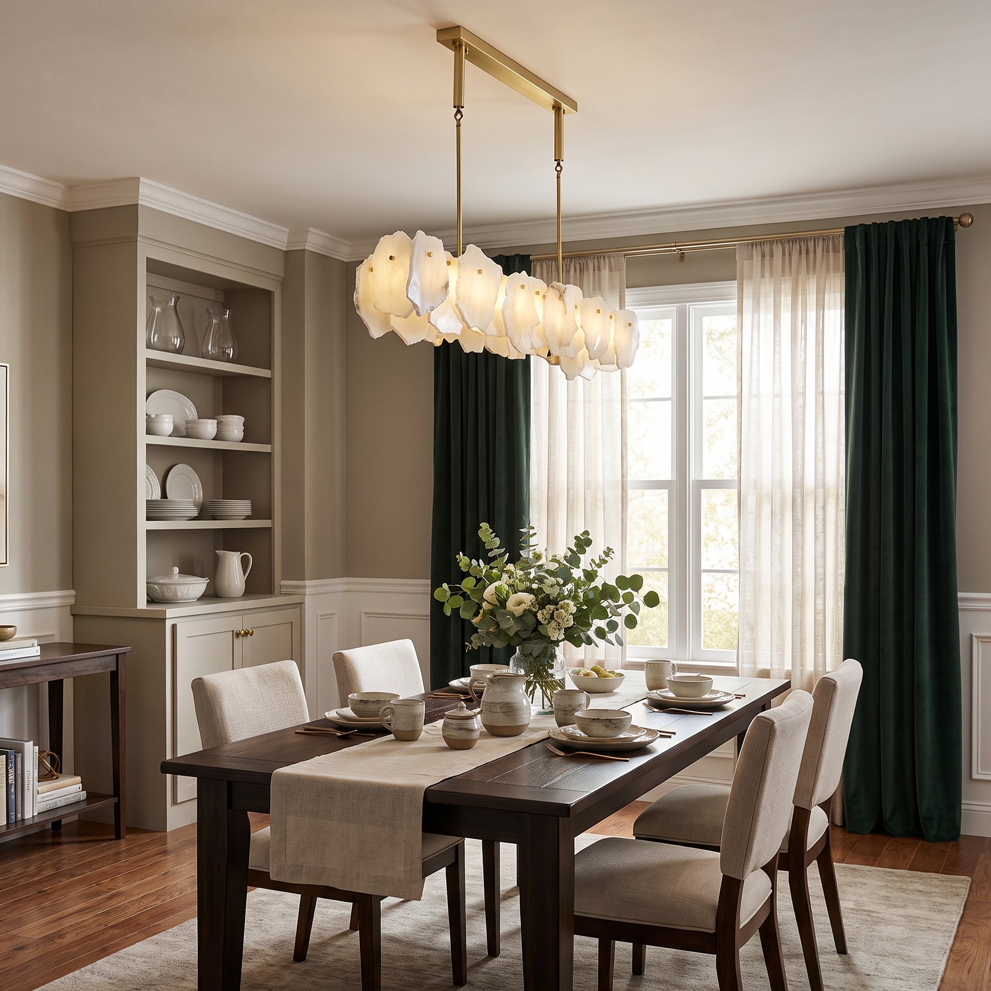 Alabaster chandelier hanging above a dining table, featuring translucent stone shades and a modern rectangular linear design in an elegant dining room