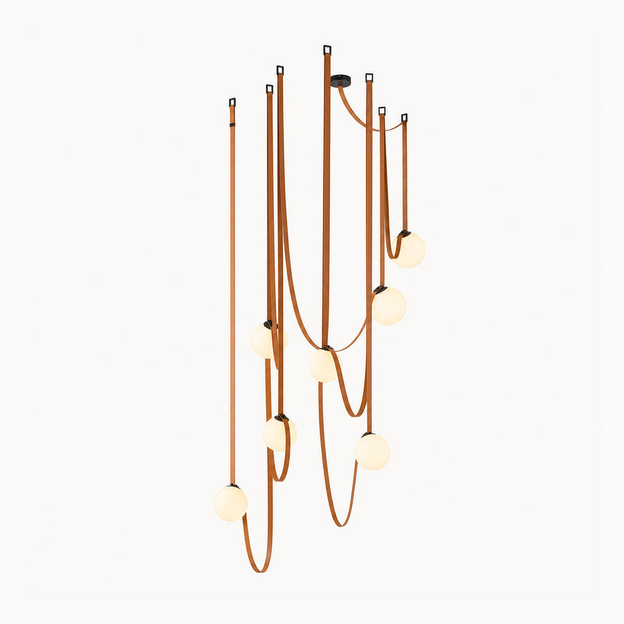 WM2311 leather globe pendant light with seven white glass globes suspended from brown leather straps