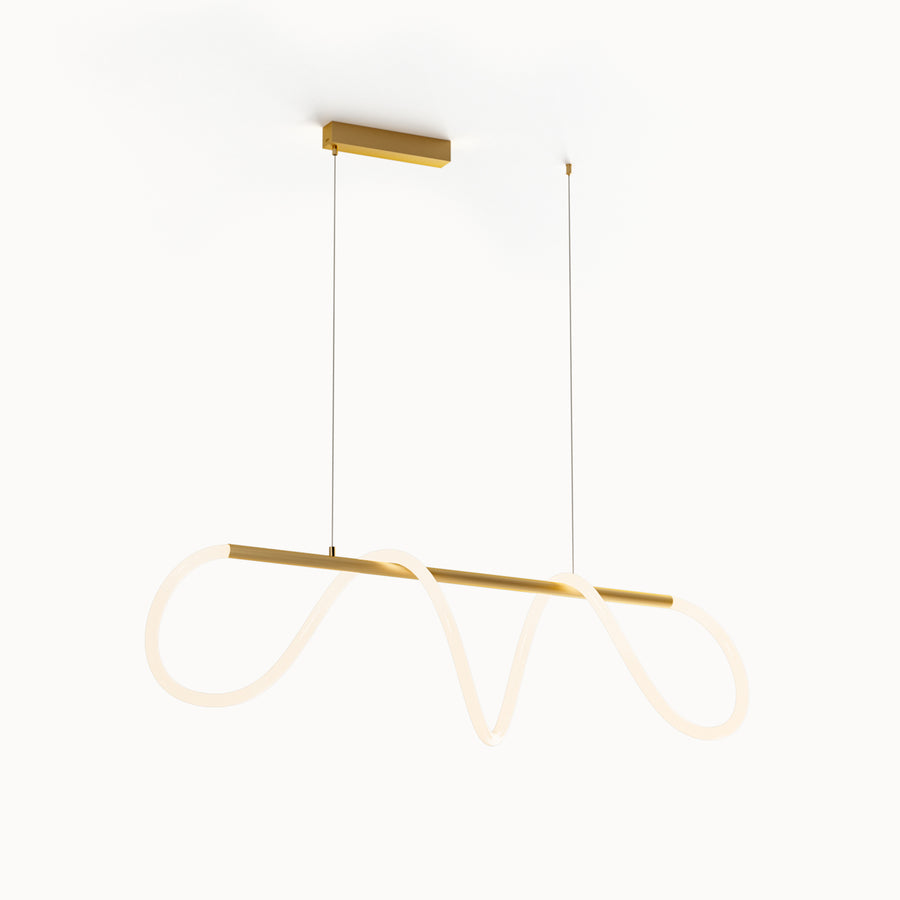 WOMO WM2059a polished-brass linear chandelier with an illuminated silicone rope looping around a slim horizontal bar on a white background.