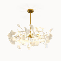 White ginkgo leaf chandelier with layered pottery leaves and a gold metal frame, WM2205