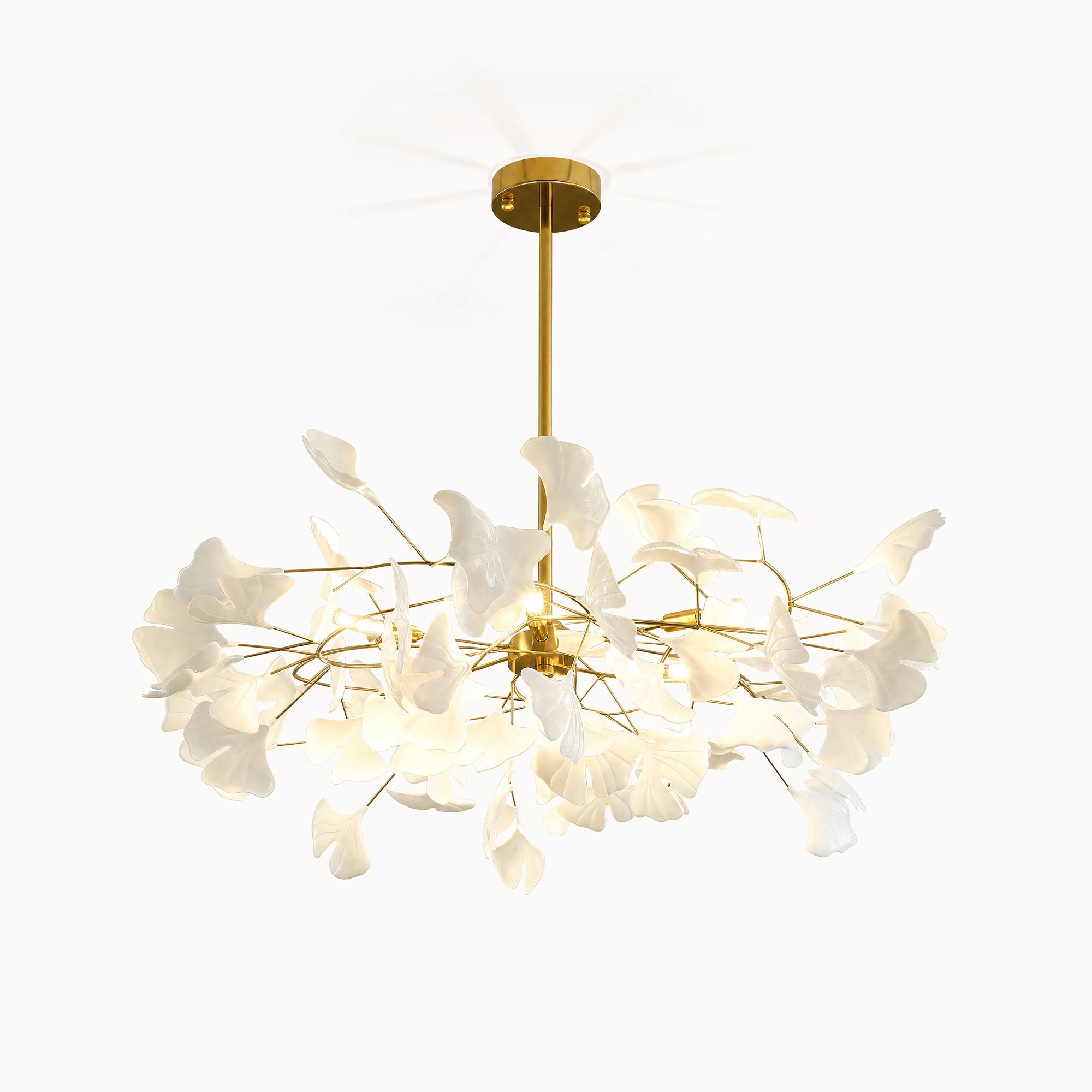 White ginkgo leaf chandelier with layered pottery leaves and a gold metal frame, WM2205