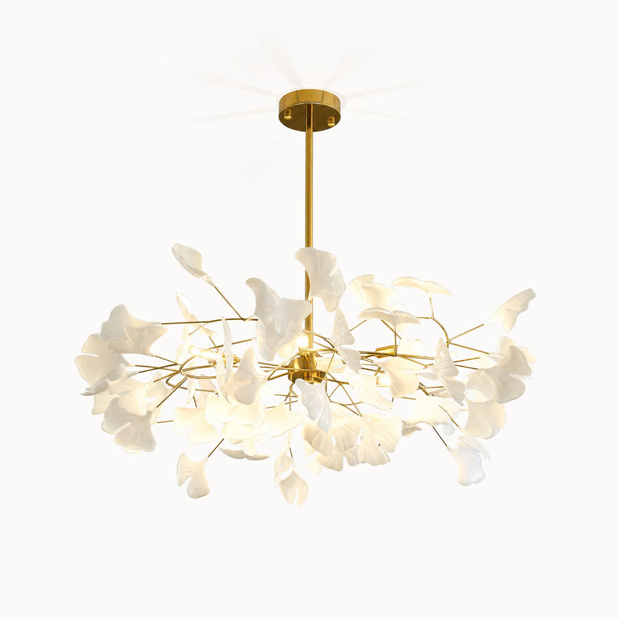 White ginkgo leaf chandelier with layered pottery leaves and a gold metal frame, WM2205