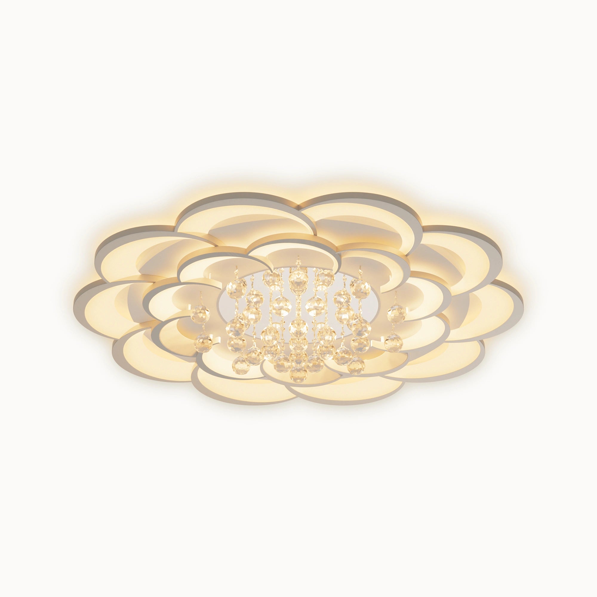 WOMO WM1078 flower flush mount ceiling light with layered illuminated petal rings and cascading faceted crystal drops on a white background.