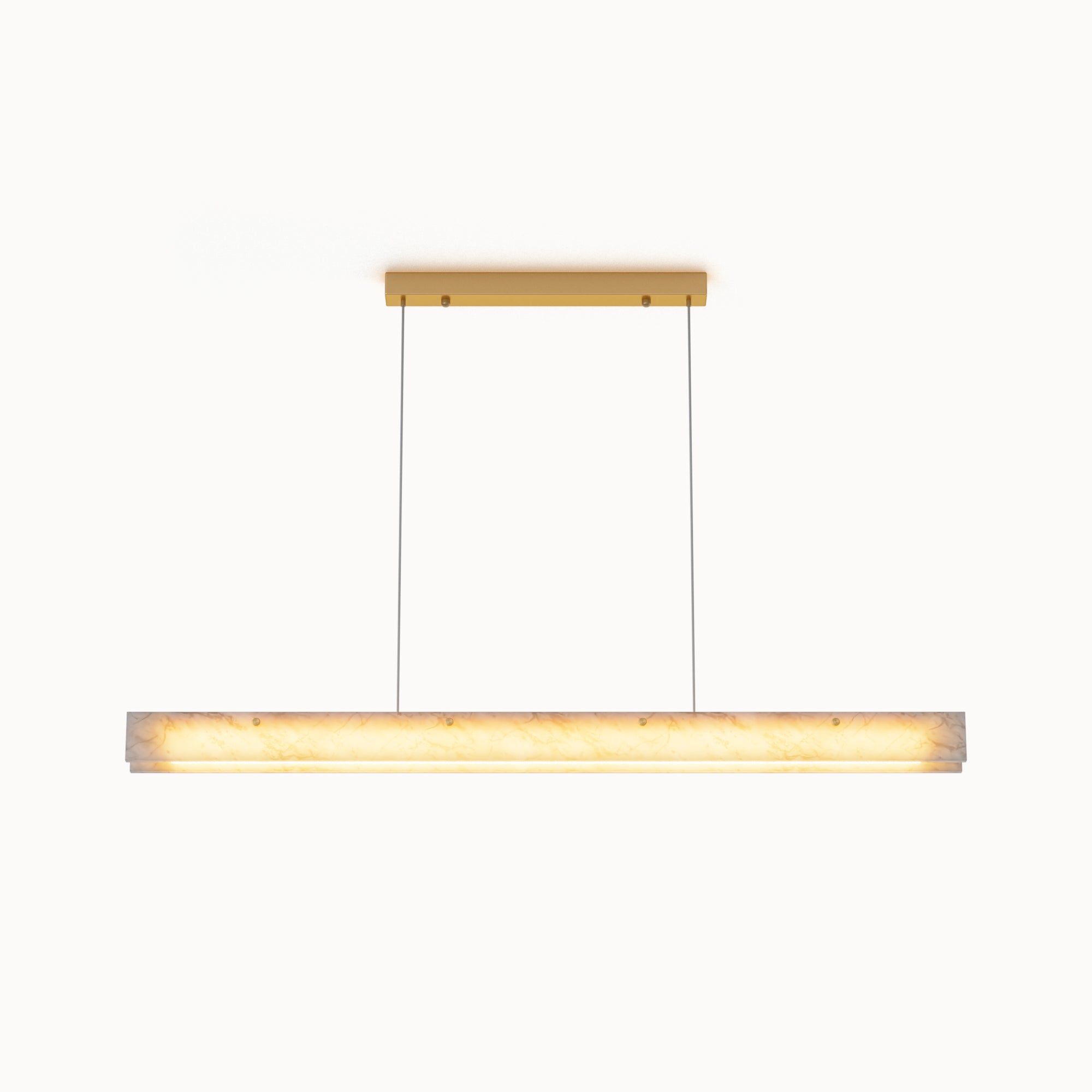 Front view of a glowing alabaster linear chandelier with a gold rectangular canopy and slim suspension cables on a white background.