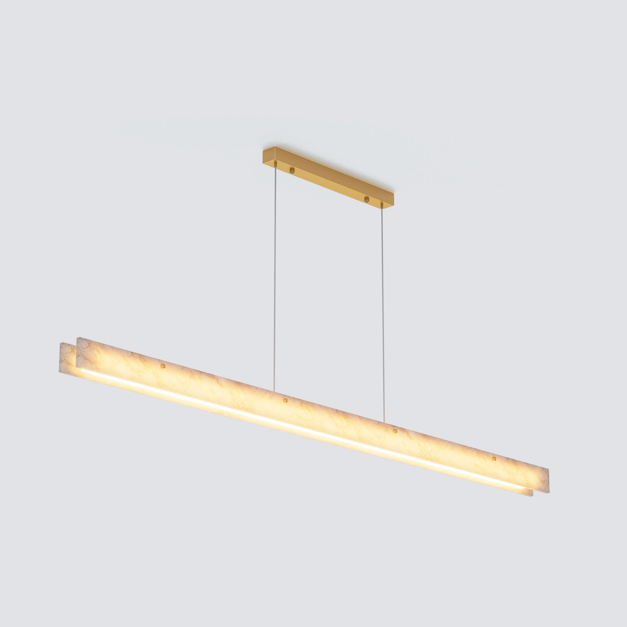 Extended product view of the long rectangular chandelier with glowing alabaster panels and a slim gold ceiling canopy.