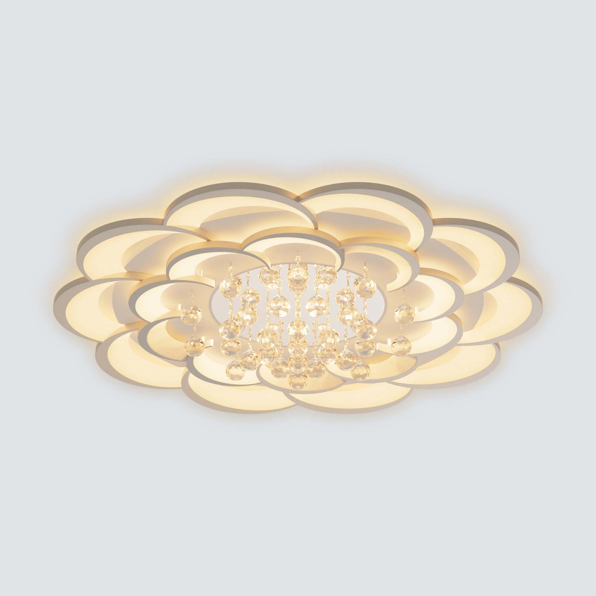Largest Ø39.4-inch WM1078 option, shown among decorative flush mount ceiling light fixtures, with dense layered petals and a cascading crystal center.