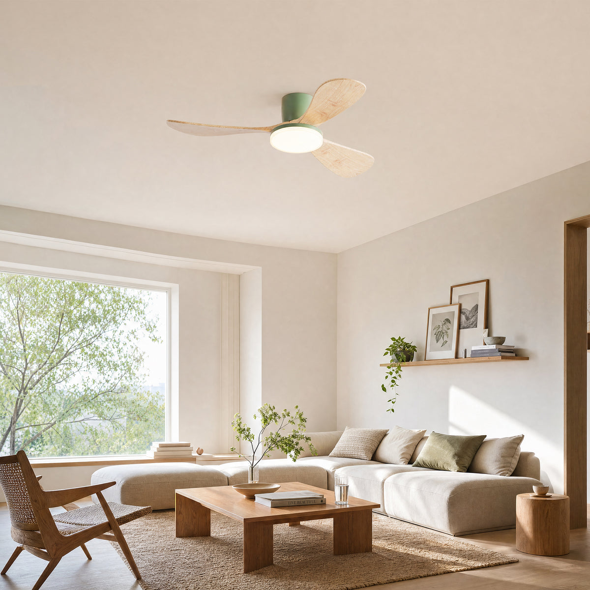 WOMO 3 Wood Blade Low Profile Ceiling Fan Lamp-WM5058