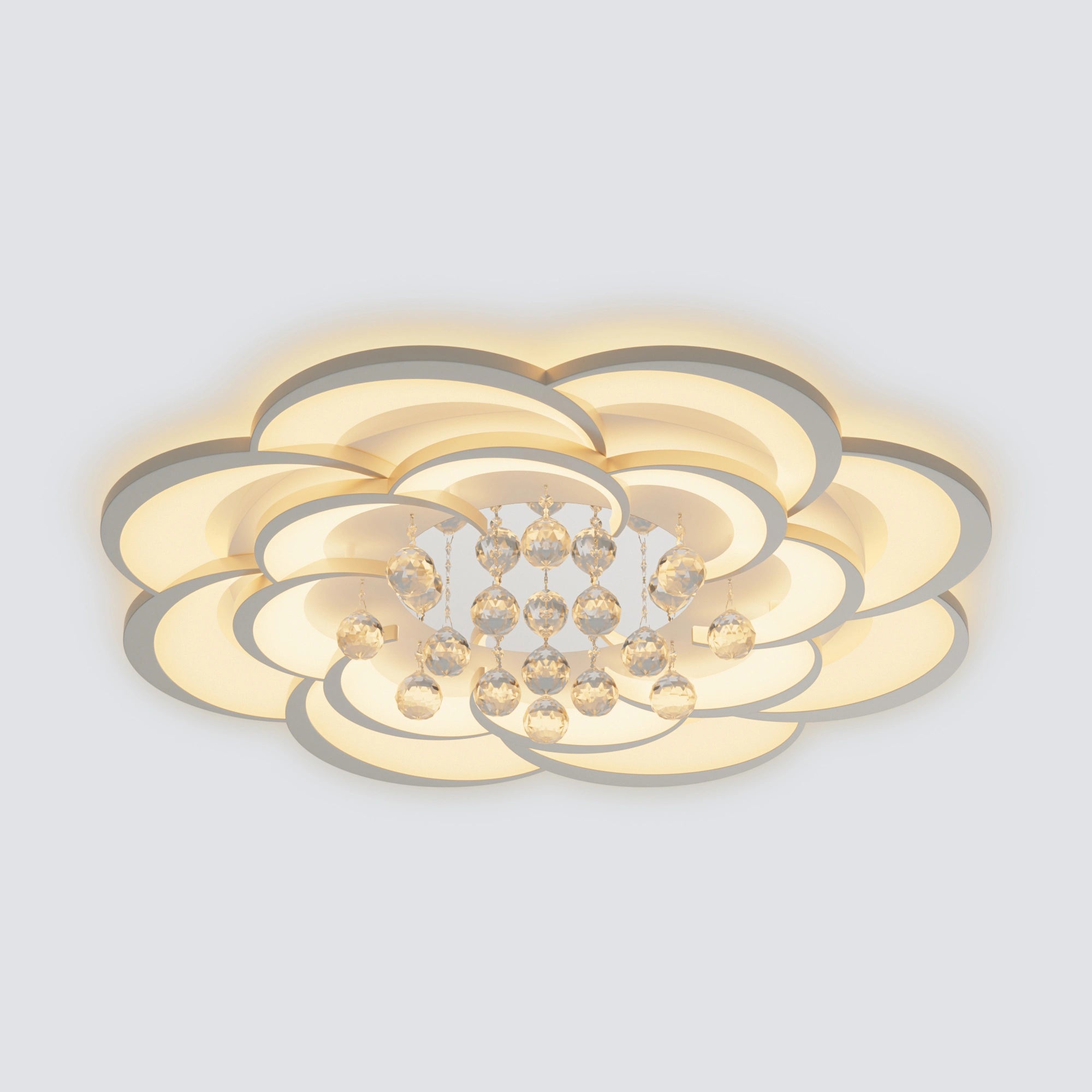 Ø31.5-inch flower ceiling light fixture with broad overlapping petals and multiple hanging crystal balls.