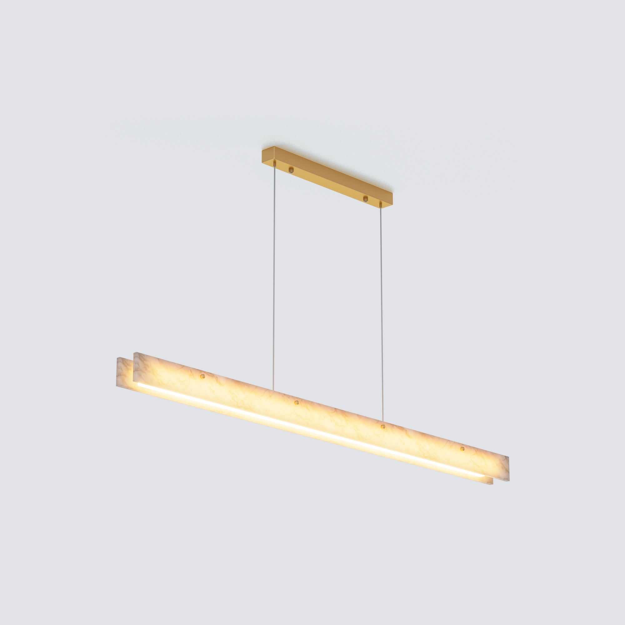 Three overlapping size variants of the alabaster linear chandelier, displaying different bar lengths and matching gold canopies.