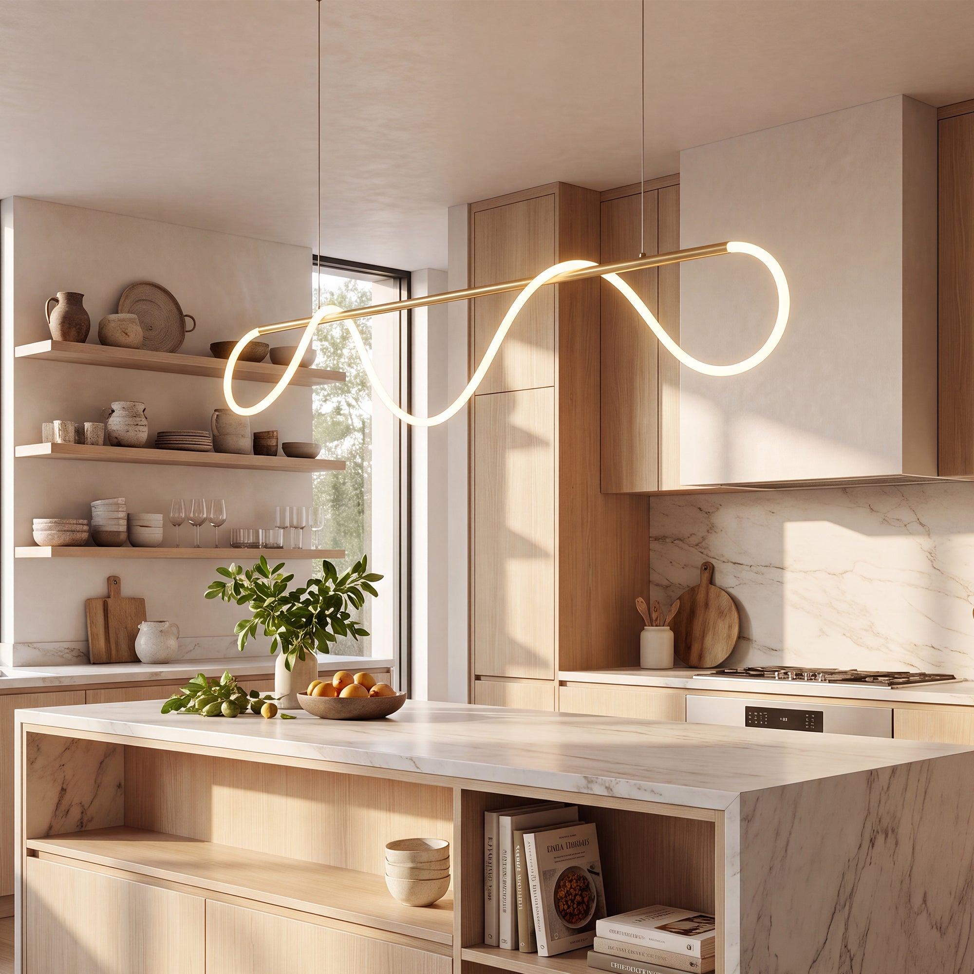 Sculptural kitchen island chandelier in polished brass, with a luminous rope-like loop above a marble island in a sunlit modern kitchen.