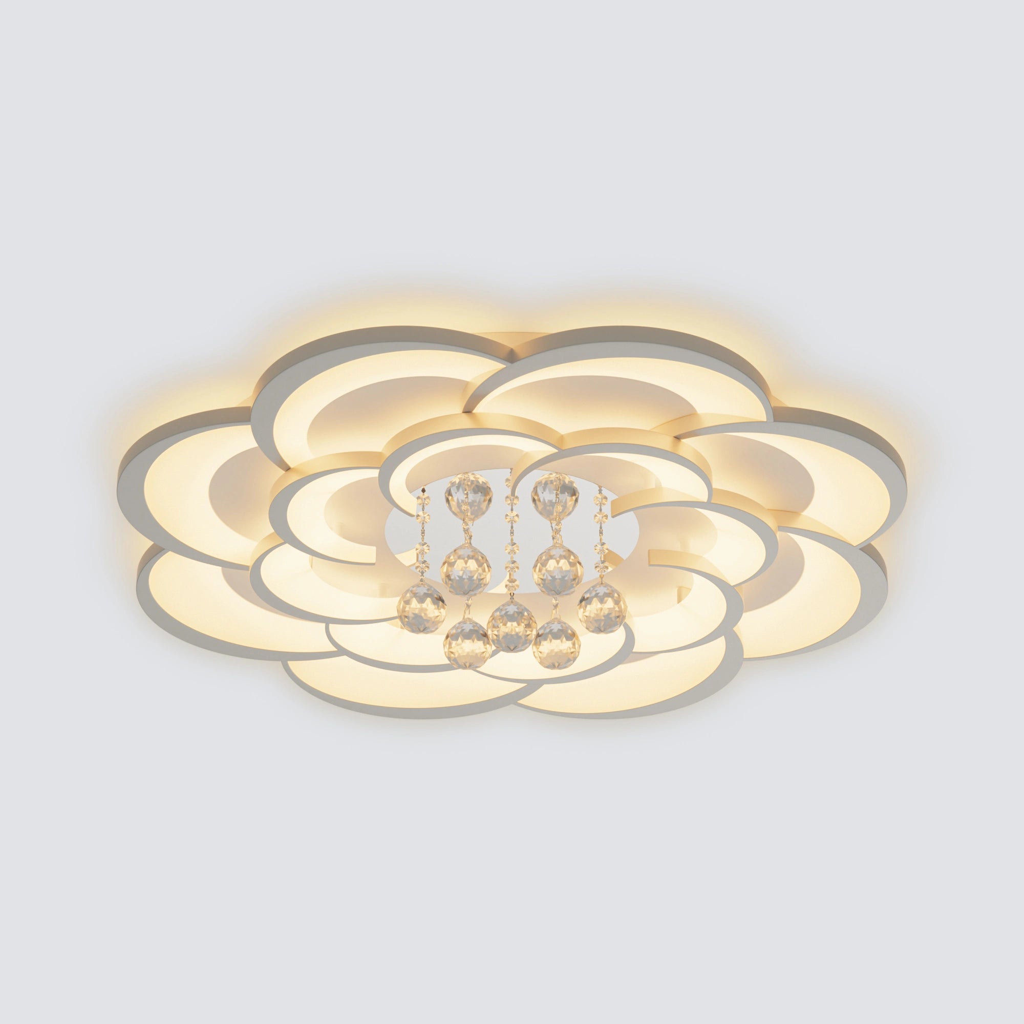 Ø26.8-inch floral flush mount light with a fuller layered-petal arrangement and central faceted crystal drops.