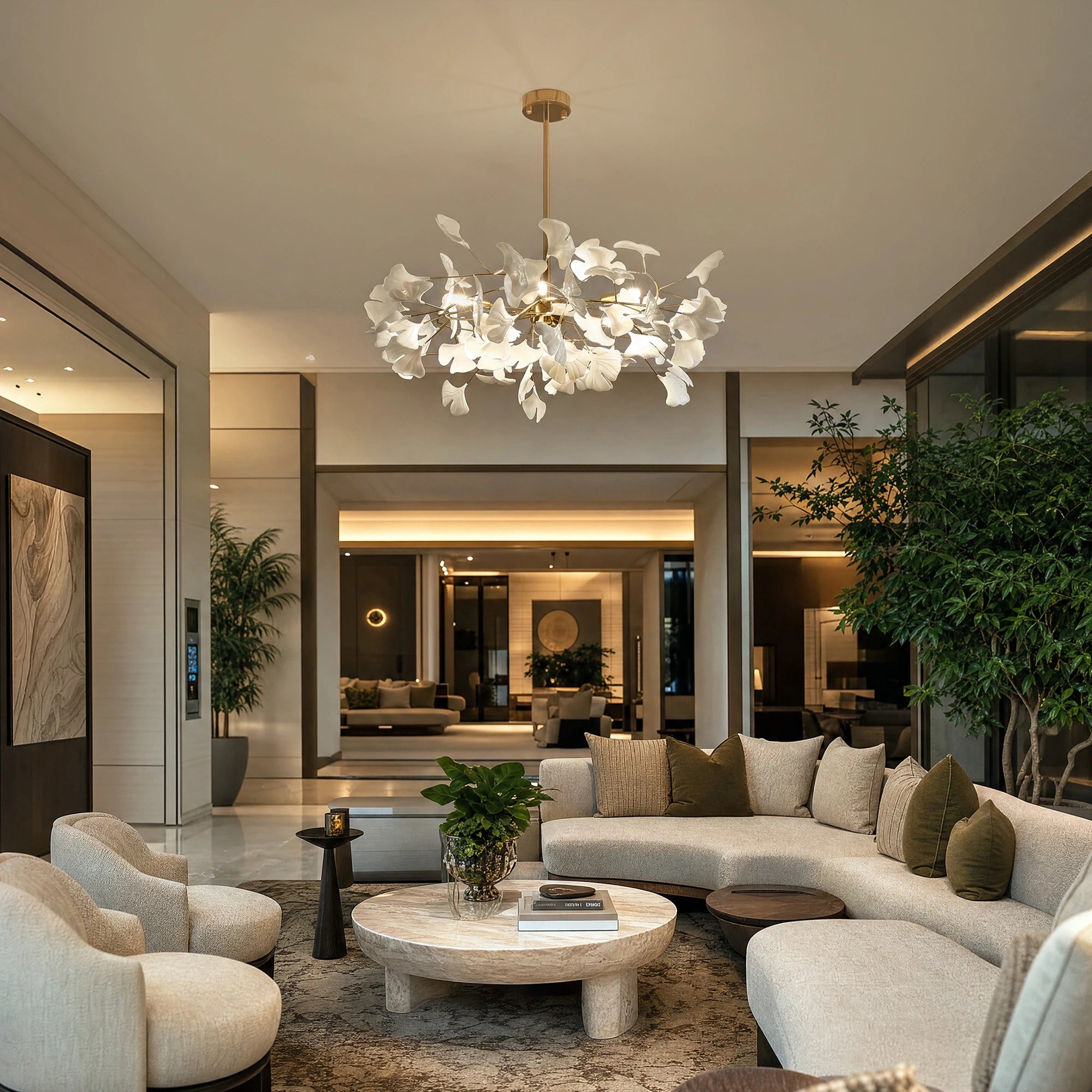 White floral chandelier for living room complementing a spacious contemporary seating area