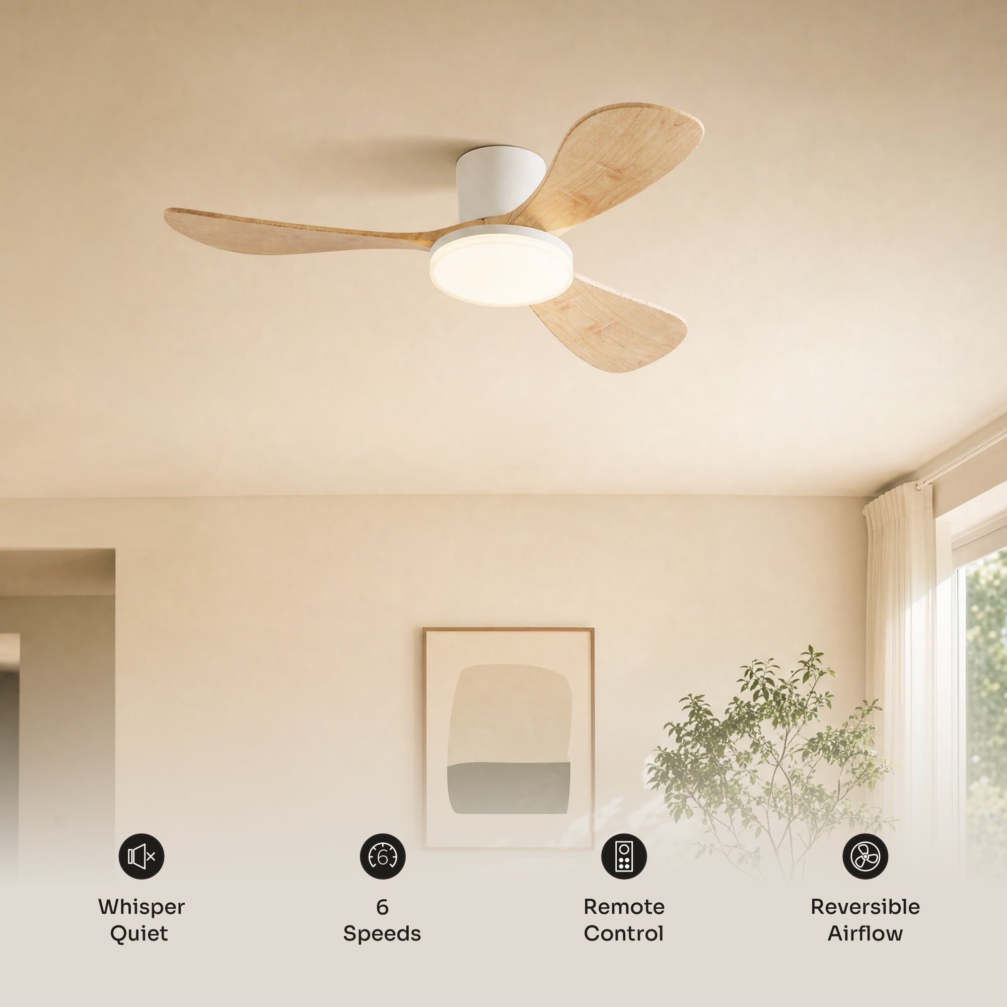 WOMO 3 Wood Blade Low Profile Ceiling Fan Lamp-WM5058