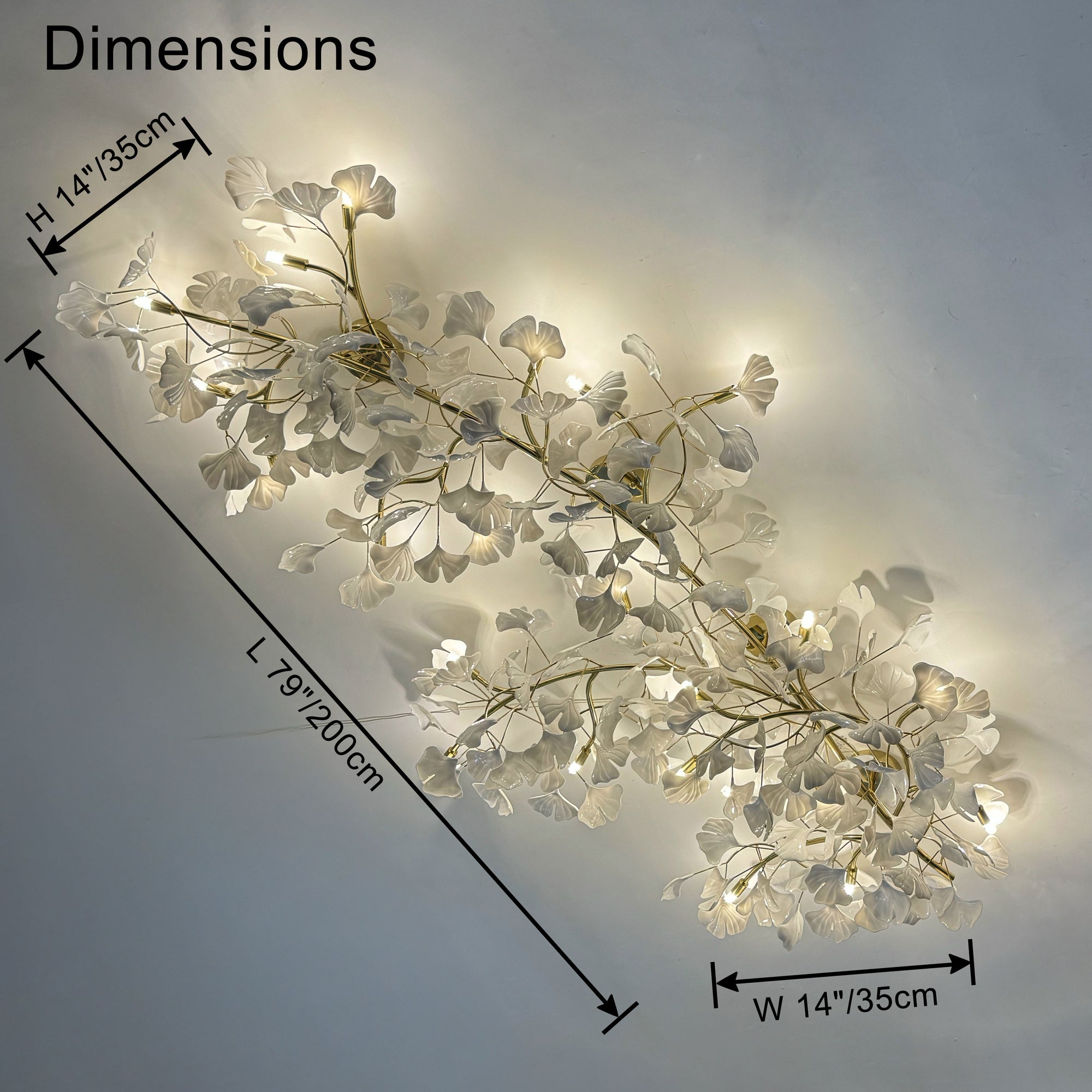 Dimension diagram for the ceramic ginkgo ceiling light: 79 inches long, 14 inches wide and 14 inches high