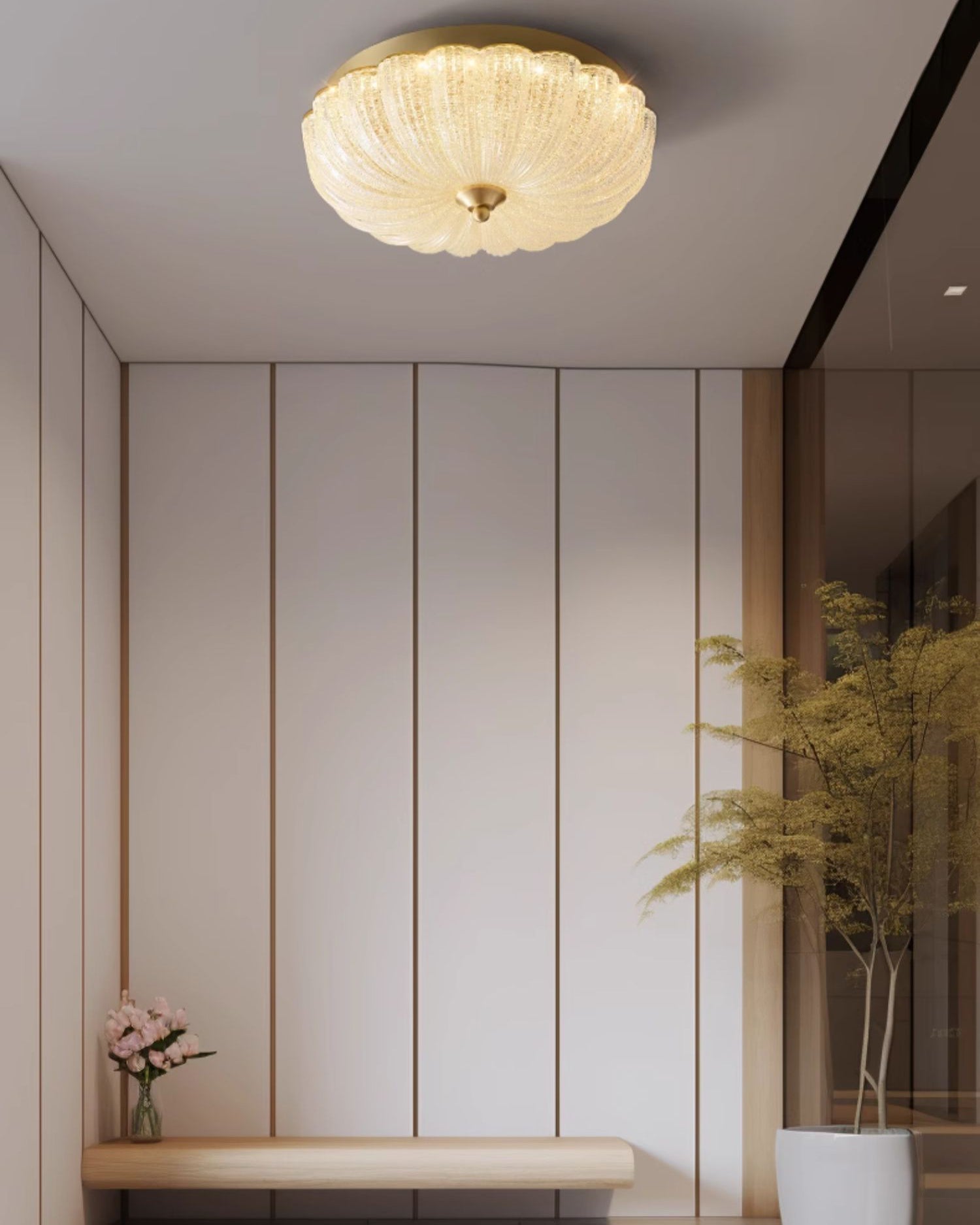 WOMO Textured Glass Scalloped Flush Mount Ceiling Light-WM1178