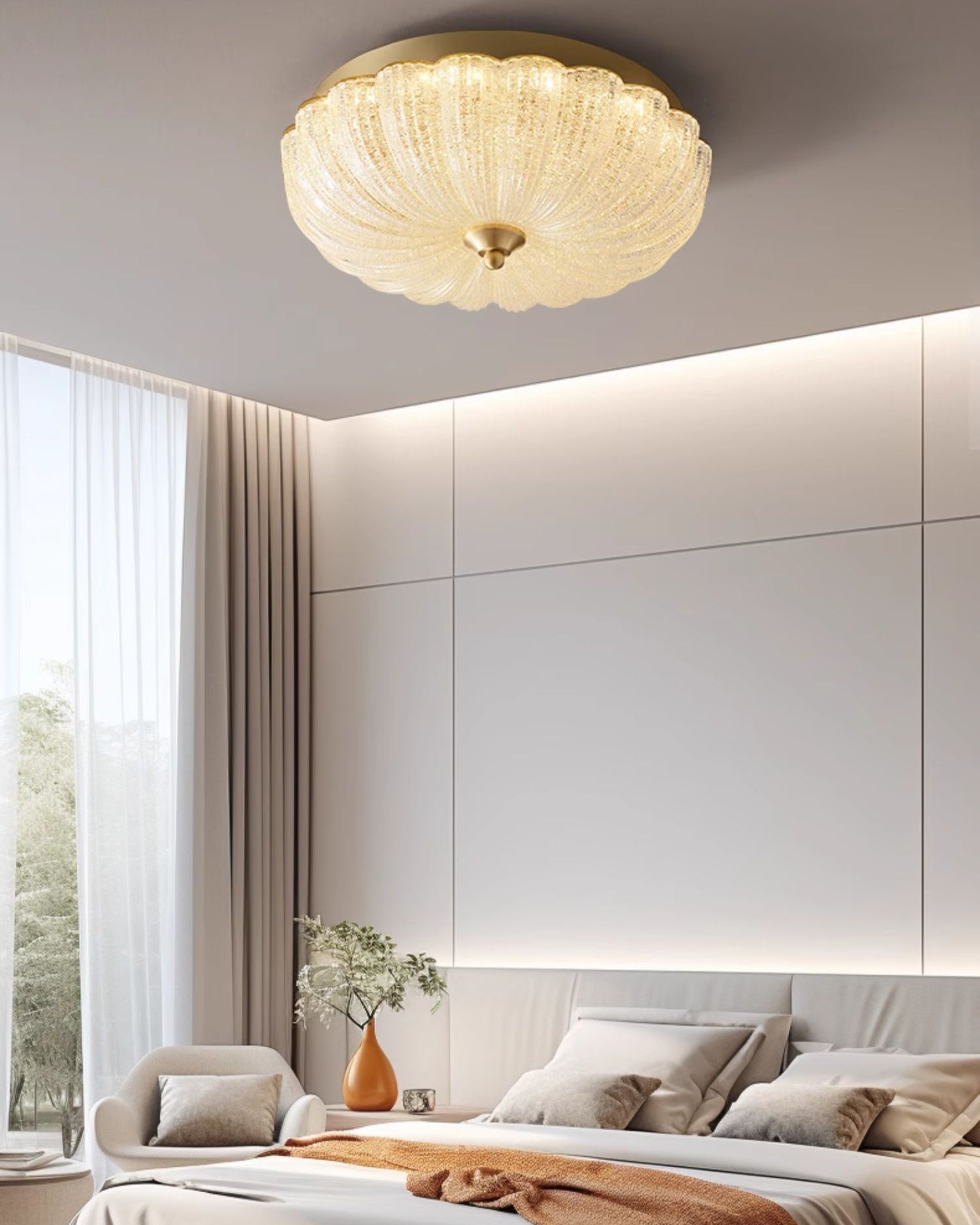 WOMO Textured Glass Scalloped Flush Mount Ceiling Light-WM1178