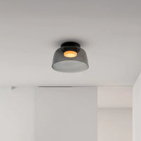 Smoked acrylic flush mount light with a compact drum shade and warm circular glow in a minimal white interior.