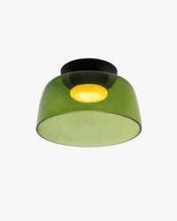Green acrylic flush mount ceiling light with a rounded drum shade, black canopy, and warm central glow on a white background.