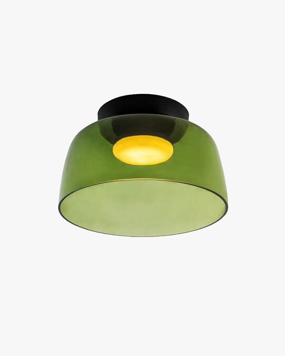 Green acrylic flush mount ceiling light with a rounded drum shade, black canopy, and warm central glow on a white background.