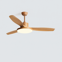 Scandi wood ceiling fan with light in natural wood, isolated on a clean background to show finish and blade shape.