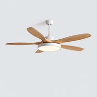 White 5-blade 42 inch ceiling fan with light style shown on a pale background, combining compact proportions with warm wood blades and LED lighting.
