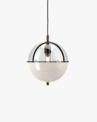 Clear-and-white glass globe pendant light with a warm bulb shown against a clean white background.