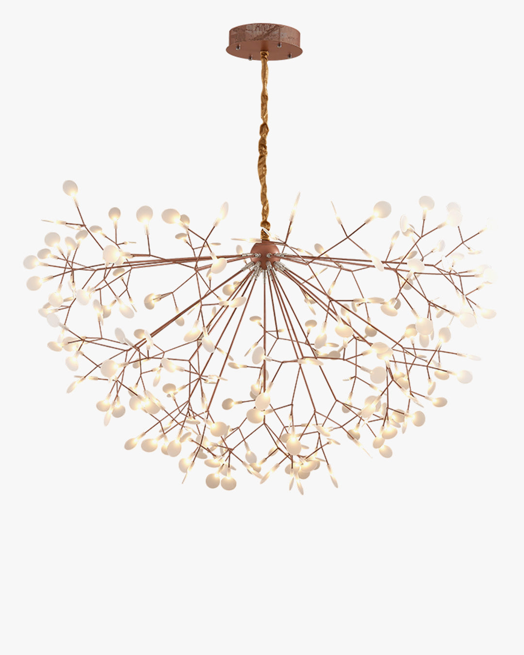 WOMO WM2439 rose-gold Heracleum branch chandelier, forming an expansive canopy of warm firefly-like leaves with an airy, sculptural presence.