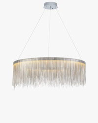WOMO WM2062a silver fringe chandelier, with illuminated metal chains cascading from a slim circular frame to form a weightless curtain of light.