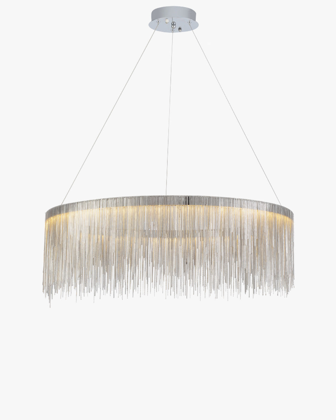 WOMO WM2062a silver fringe chandelier, with illuminated metal chains cascading from a slim circular frame to form a weightless curtain of light.