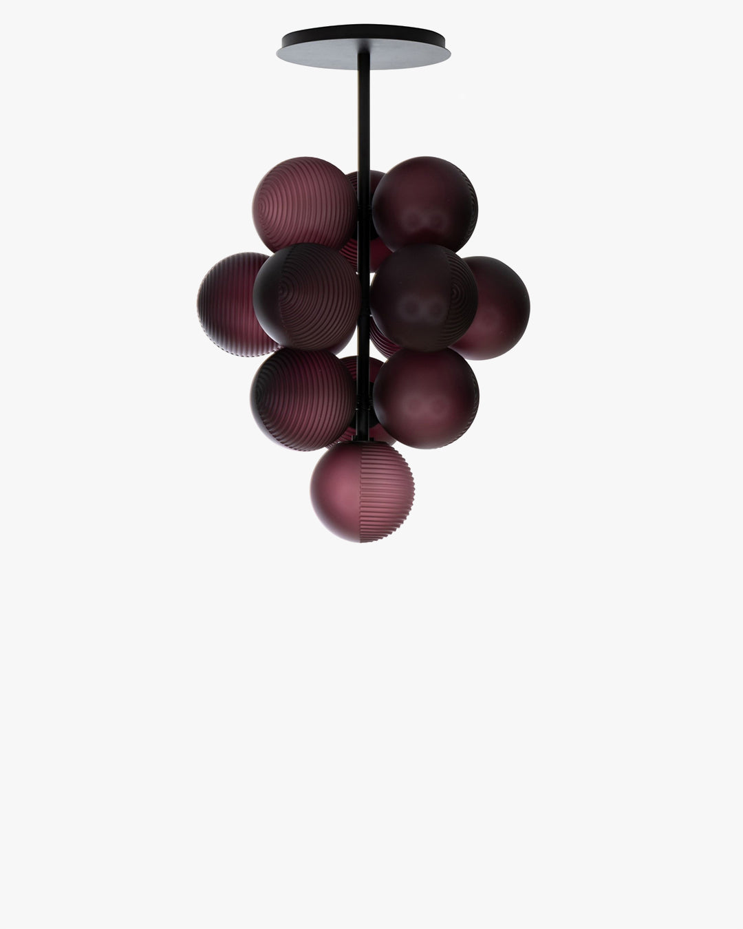 Purple grape chandelier with clustered ribbed glass globes suspended from a black ceiling mount.