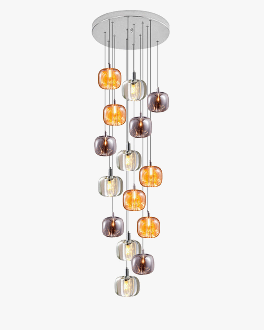 A waterfall glass chandelier with fifteen amber, smoked, and clear rounded glass pendants cascading from a silver round canopy for a dramatic stairwell or foyer focal point.