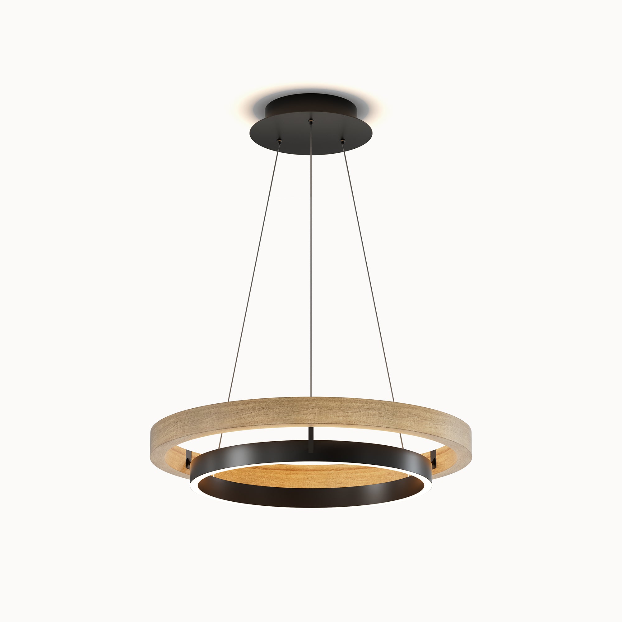 WOMO WM2492 circular wood chandelier with a natural wood ring and integrated LED lighting