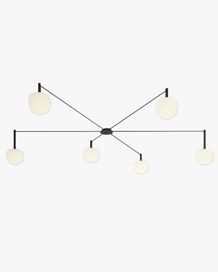 WM1029 six-light frosted glass globe ceiling light with slim black arms arranged in an asymmetrical radial design