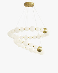 WM2449 pearl chandelier glows in layered circular strands, pairing opal-white acrylic globes with gold spheres in a sculptural necklace silhouette.