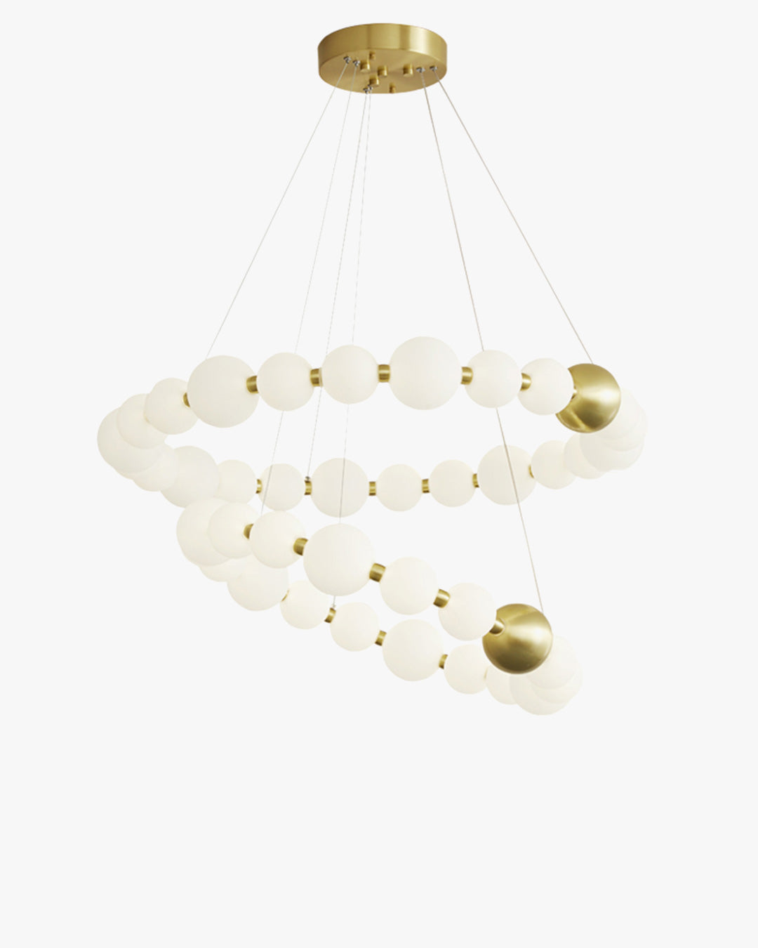 WM2449 pearl chandelier glows in layered circular strands, pairing opal-white acrylic globes with gold spheres in a sculptural necklace silhouette.
