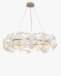 WM2419 round ceramic ginkgo leaf chandelier in white and gold tones, lit with a warm glow against a clean background.