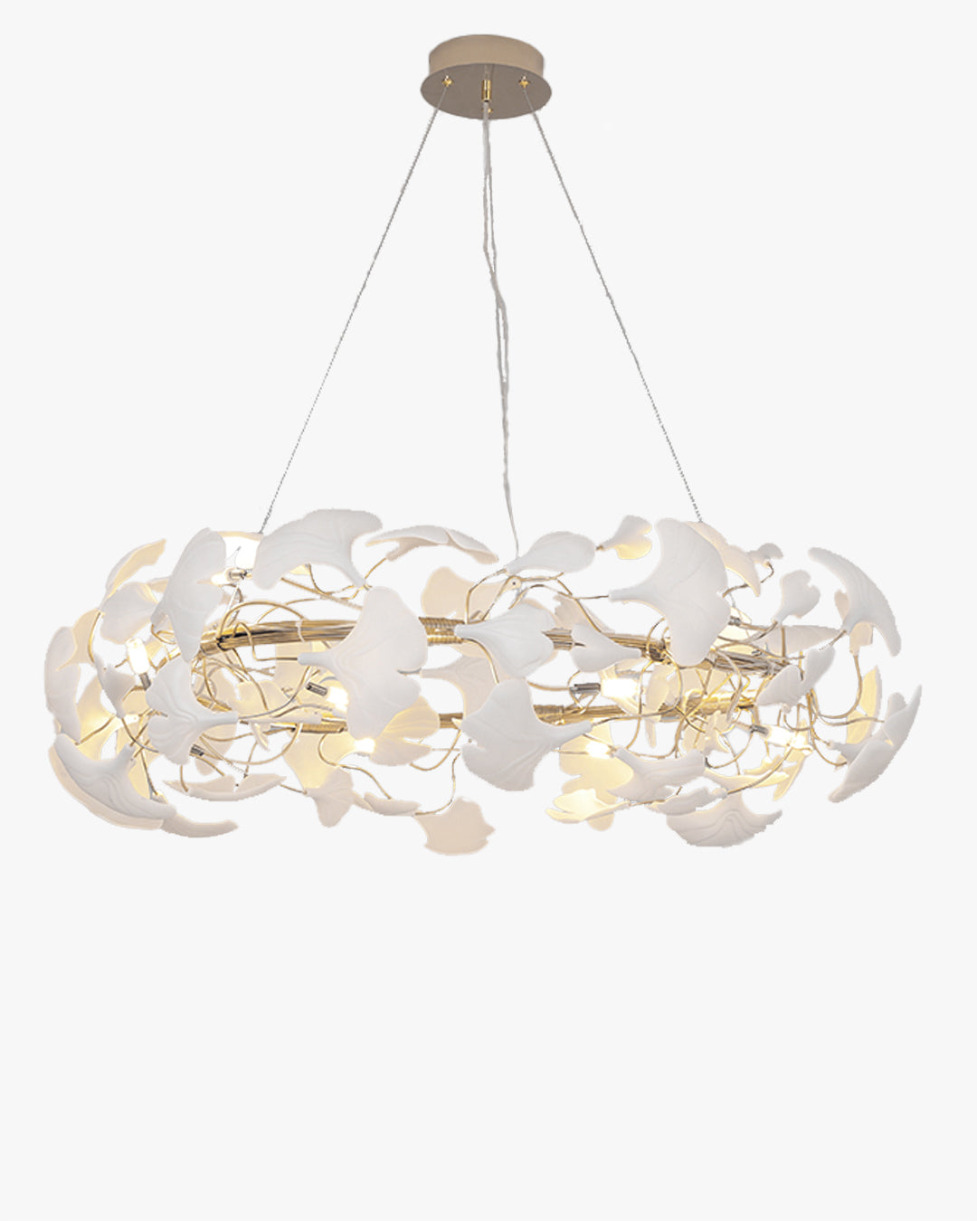 WM2419 round ceramic ginkgo leaf chandelier in white and gold tones, lit with a warm glow against a clean background.