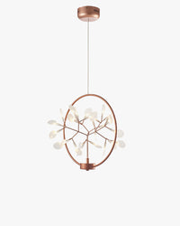 WOMO WM2438 rose-gold small chandelier, framing a delicate branch chandelier and firefly-like glowing leaves inside a slender circular silhouette.