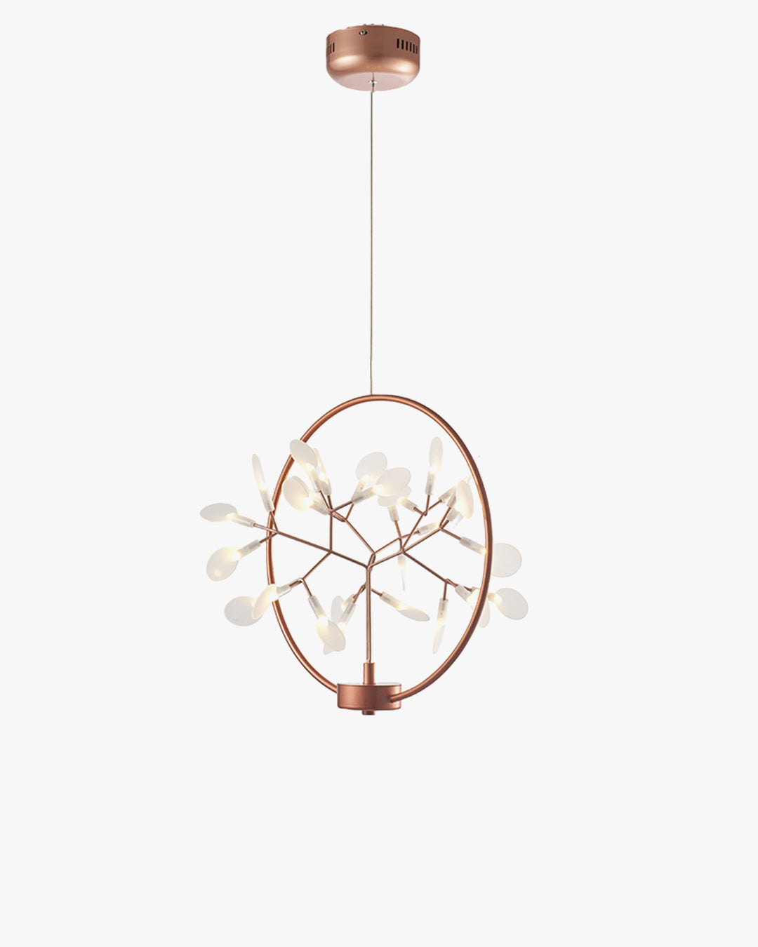 WOMO WM2438 rose-gold small chandelier, framing a delicate branch chandelier and firefly-like glowing leaves inside a slender circular silhouette.