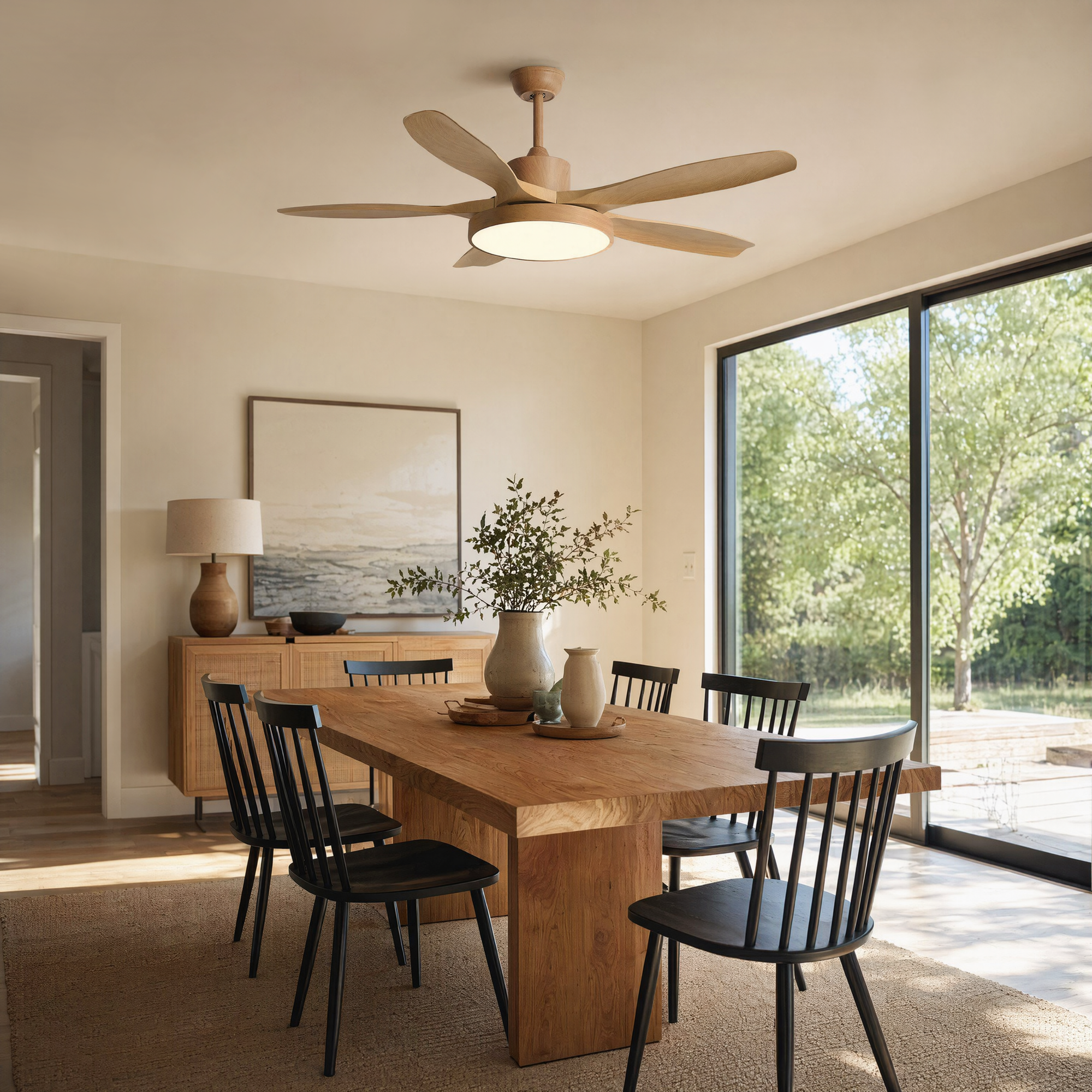 Wood blade ceiling fan with light above a dining area, showing natural texture, airflow, and soft integrated lighting.