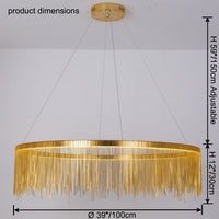 Gold 39-inch chandelier dimensions: 39″/100 cm diameter, 12″/30 cm fringe height and adjustable suspension up to 59″/150 cm.