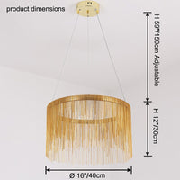 Gold 16-inch chandelier dimensions: 16″/40 cm diameter, 12″/30 cm fringe height and adjustable suspension up to 59″/150 cm.
