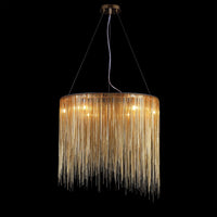 Gold 16-inch chandelier glowing against black, concentrating warm light into a compact jewel-like form with unmistakable quiet luxury.