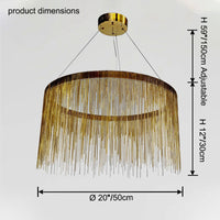 Gold 20-inch chandelier dimensions: 20″/50 cm diameter, 12″/30 cm fringe height and adjustable suspension up to 59″/150 cm.