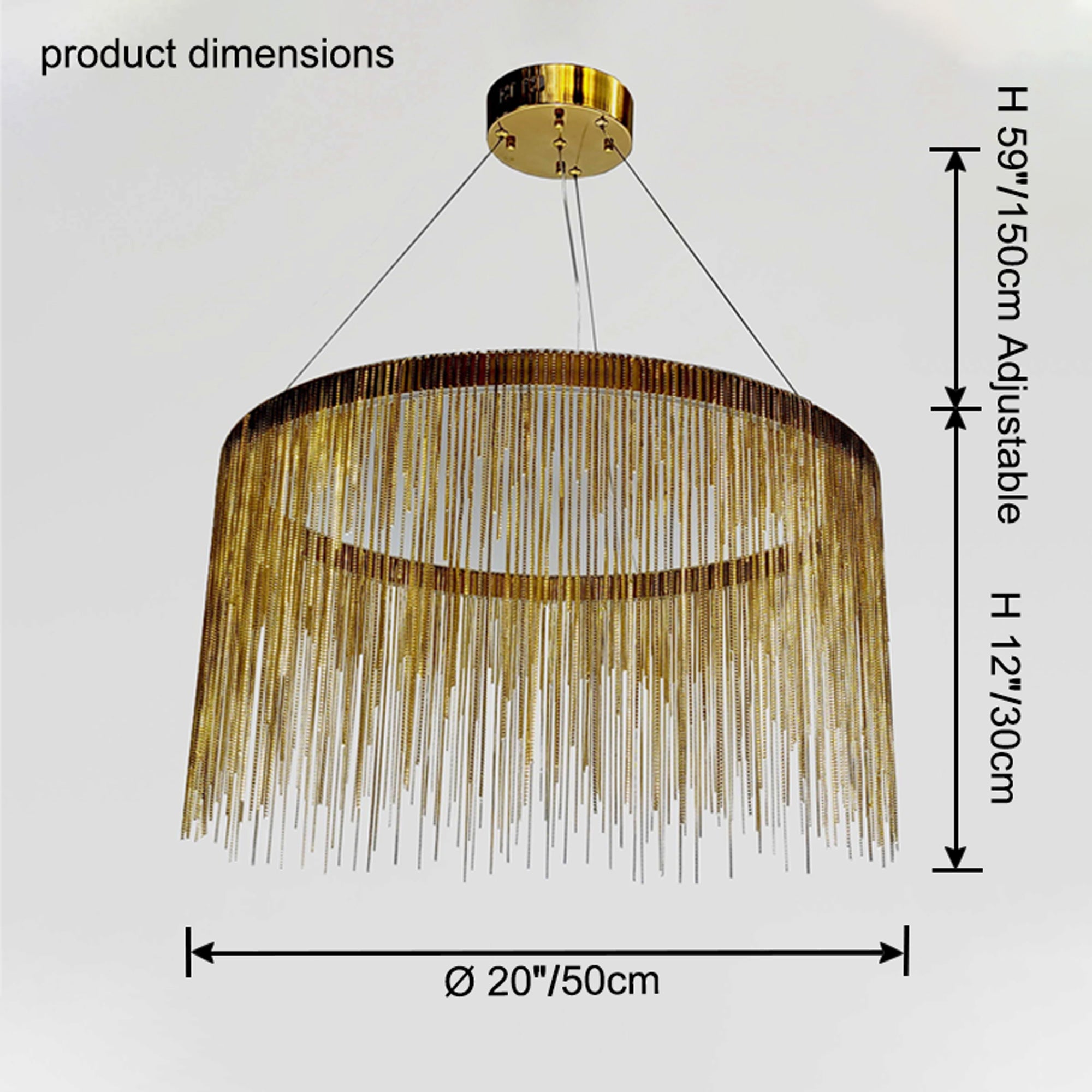 Gold 20-inch chandelier dimensions: 20″/50 cm diameter, 12″/30 cm fringe height and adjustable suspension up to 59″/150 cm.