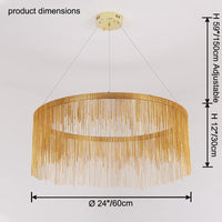 Gold 24-inch chandelier dimensions: 24″/60 cm diameter, 12″/30 cm fringe height and adjustable suspension up to 59″/150 cm.