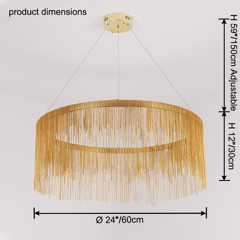 Gold 24-inch chandelier dimensions: 24″/60 cm diameter, 12″/30 cm fringe height and adjustable suspension up to 59″/150 cm.