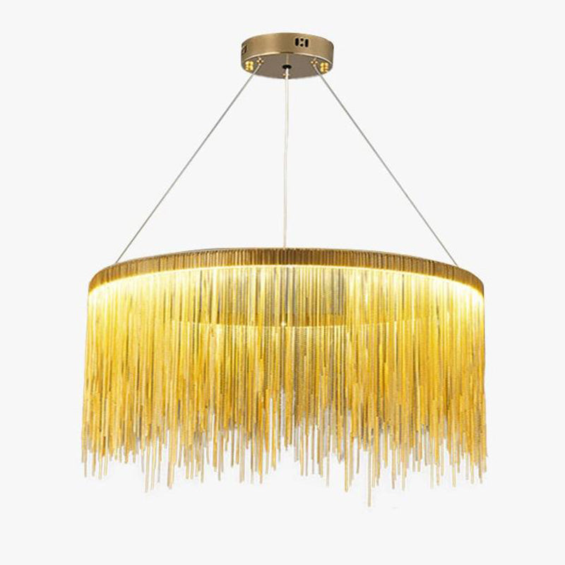 Gold 24-inch chandelier in a bright product view, its glowing chain fringe combining the allure of a vintage chandelier with a cleaner contemporary profile.