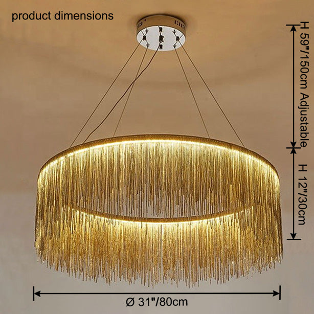 Gold 31-inch chandelier dimensions: 31″/80 cm diameter, 12″/30 cm fringe height and adjustable suspension up to 59″/150 cm.